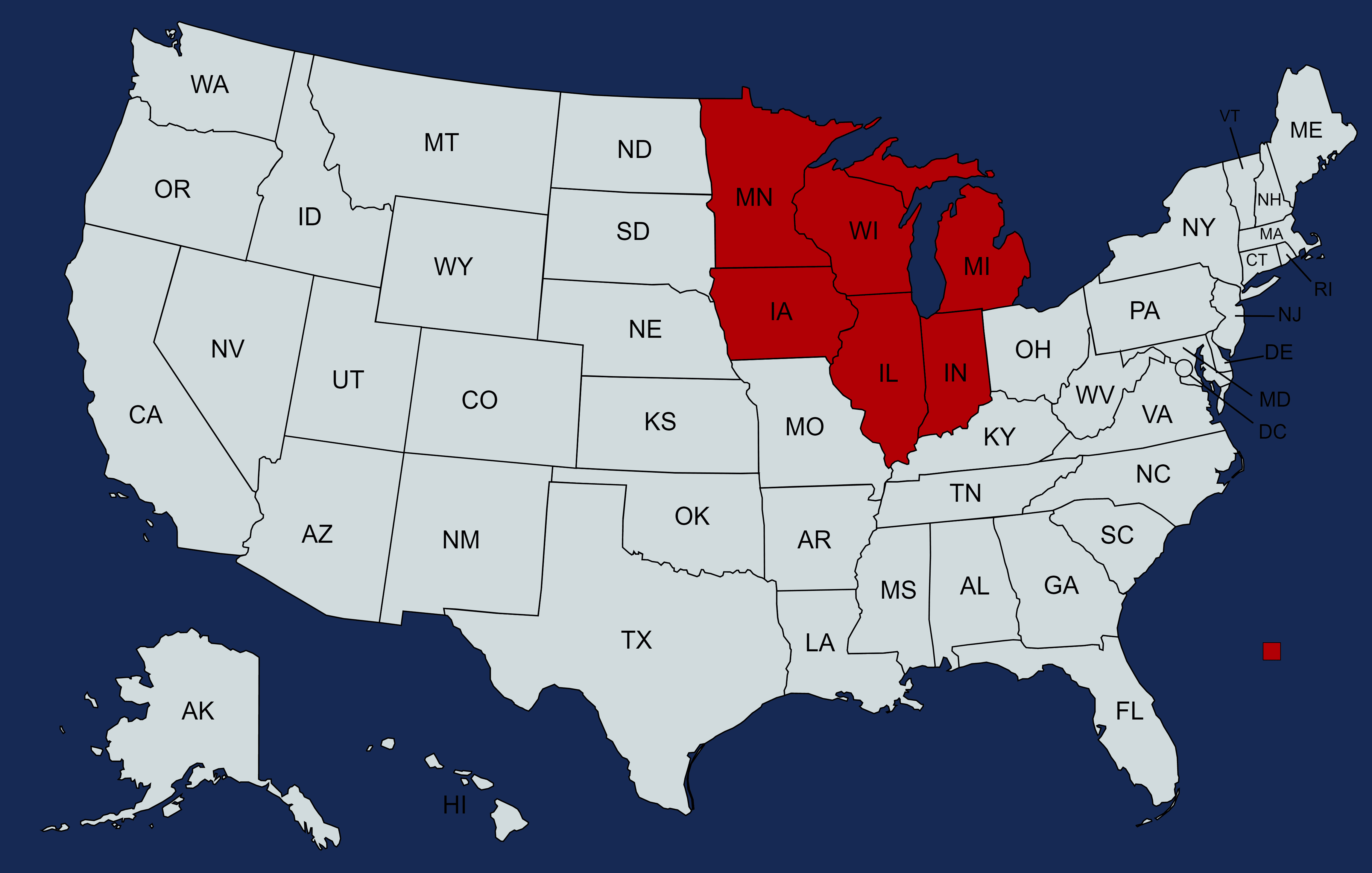 Map of the USA with states highlighted in red where State Restoration Services is working